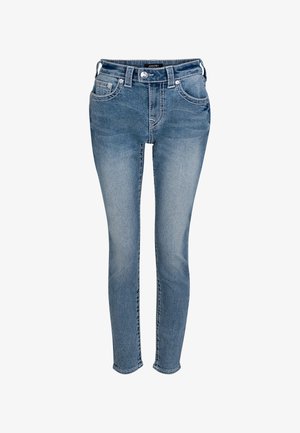 Skinny jeans van lichtblauwe denim met een vervaagde wassing. Voorzien van vijf zakken, contrasterende stiksels en een knoopsluiting in de taille.