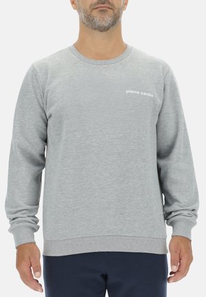 Grey sweatshirt with long sleeves, ribbed cuffs and hem, featuring a small white "pierre cardin" text logo on the chest.
