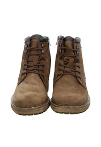 Bottines en cuir suédé marron avec une finition texturée, à laçage, œillets en métal et fermeture éclair sur le côté. Semelle en caoutchouc avec un motif de semelle.