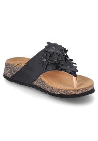 Schwarze Rutschen-Sandale mit floralen Akzenten, Korkfußbett und strukturiertem Gummiaußensohle. Verfügt über einen Zehensteg und weiches Lederoberteil.