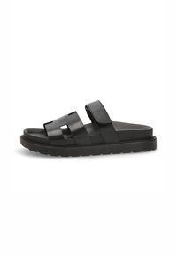 Chanclas negras con dos correas anchas y planas, hechas de material suave; con una plantilla texturizada y una suela plana duradera.