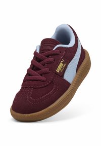 Sneaker in suede rosso con dettagli azzurri, suola in gomma, design con lacci e logo dorato. Presenta punta rotonda e collo imbottito per il comfort.