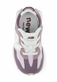 White and lavender sneaker featuring a mix of mesh and suede materials, with a textured sole, laces, and a logo on the tongue.