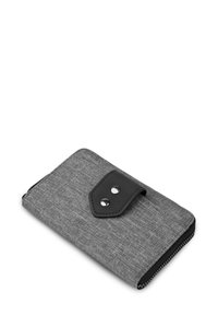 Gray fabric wallet with a black leather strap and two silver snaps, featuring a textured surface and zipper closure along the edge.