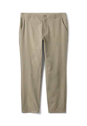 Beige rechte broek met gulp, voorste knoop, zijzakken en riemlussen, plat weergegeven tegen een witte achtergrond.
