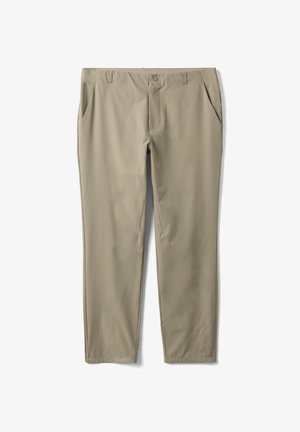 Beige rechte broek met gulp, voorste knoop, zijzakken en riemlussen, plat weergegeven tegen een witte achtergrond.