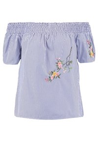 Off-the-shoulder top in blue and white stripes, featuring puff sleeves and floral embroidery in pink and green on the right side.