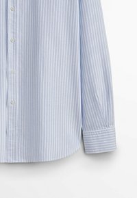 Lichtblauw gestreept overhemd met lange mouwen, knoopsluiting aan de voorkant en een afgeronde zoom. Bevat dunne witte verticale strepen en een zachte stoftextuur.