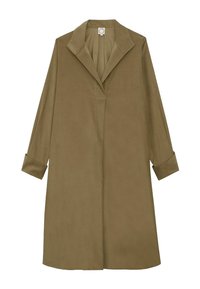 Manteau vert olive en tissu doux, avec un col, des manches longues et une patte de boutonnage avec un léger décolleté en V.