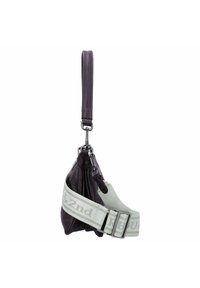 Bolso de cuero morado con una correa gris desmontable que presenta el texto "2nd." Incluye un asa superior y herrajes metálicos. Diseño compacto.