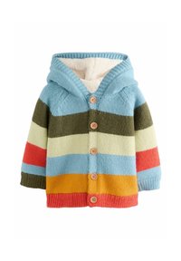Strick-Cardigan mit Kapuze, der horizontale Streifen in Blau, Grün, Creme, Rot und Orange aufweist, mit Holzknöpfen und einem weichen, gefütterten Innenfutter.