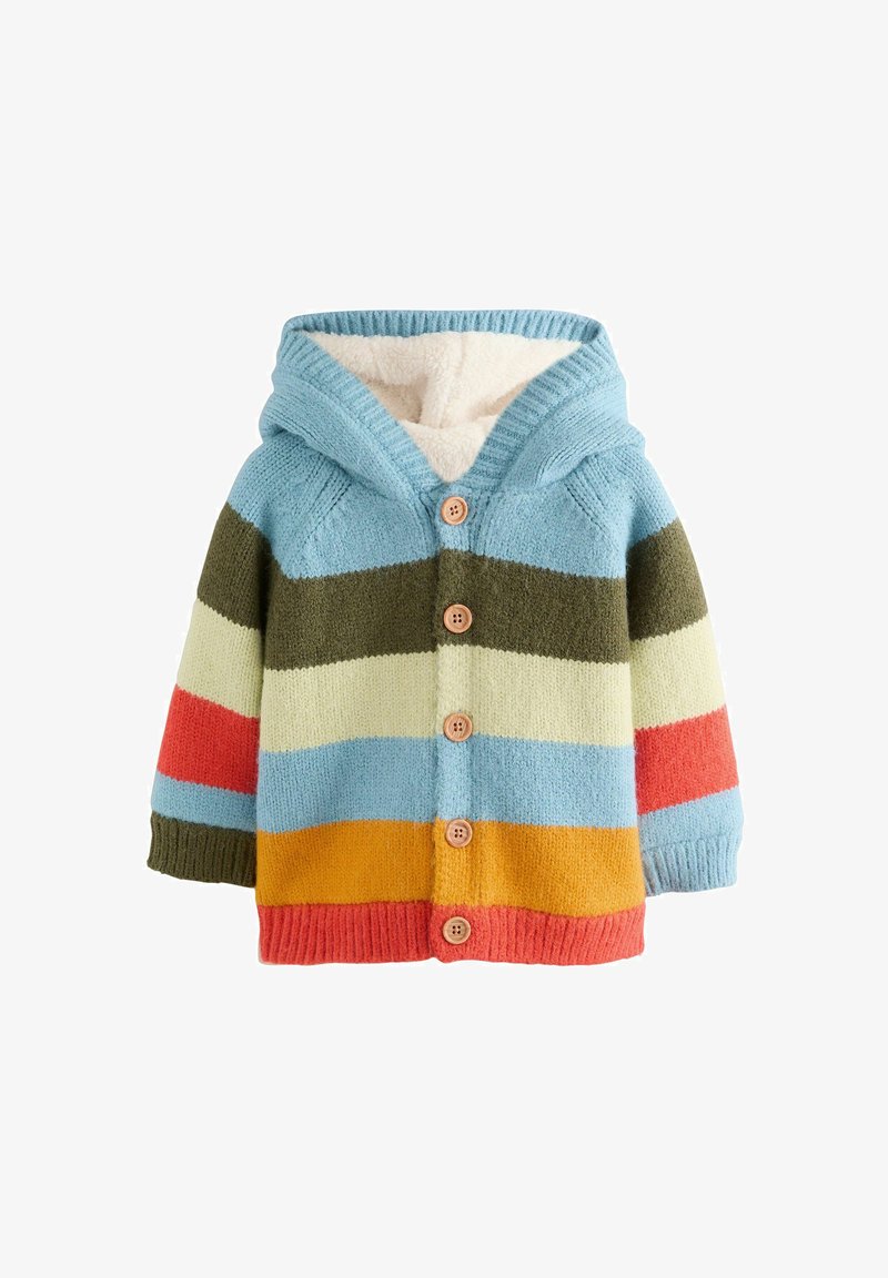 Neulehuppari, jossa on vaakasuorat raidat sinisen, vihreän, kermaisen, punaisen ja oranssin sävyissä, puunapit ja pehmeä, vuorattu sisustus.