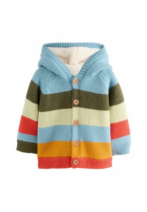 Cardigan lavorato a maglia con cappuccio, caratterizzato da righe orizzontali in blu, verde, crema, rosso e arancione, con bottoni in legno e un morbido interno foderato.