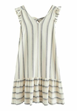 Mouwloze beige jurk met verticale en horizontale grijze strepen, gerafelde schouders, V-hals en uitlopende zoom met strikdetail aan de achterkant.
