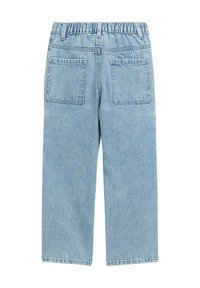 Heledad siniset denim-püksid laia jala disainiga, elastse vööga ja kahe tagumise taskuga. Sile tekstuur ja lõõgastav välimus.