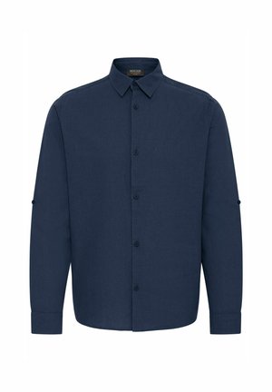 Navy blue long-sleeve shirt with a button-down collar, front buttons, and roll-up sleeve tabs. Made of a textured fabric.