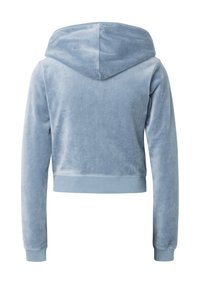 Hanorac din material moale, albastru deschis, cu glugă, mâneci lungi, manșete și talie cu refilet, văzut din spate.