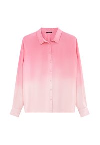 Camicia a maniche lunghe con bottoni in gradiente di rosa, tessuto morbido; colletto e maniche con polsini; texture liscia con una delicata transizione di colore.