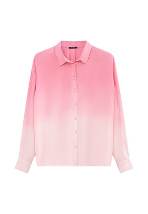 Camicia a maniche lunghe con bottoni in gradiente di rosa, tessuto morbido; colletto e maniche con polsini; texture liscia con una delicata transizione di colore.