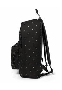 Czarny plecak z tkaniny z srebrnymi kropkami, główną komorą, boczną kieszenią, regulowanymi paskami oraz górną pętlą do noszenia.