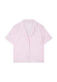 Camicia a maniche corte di colore rosa chiaro con righe verticali bianche, dotata di colletto a punta e cinque bottoni sul davanti.