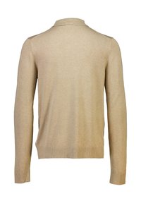 Beige långärmad tröja med krage, ribbade ärmslut och nederkant. Tillverkad av ett mjukt, slätt material med en enfärgad textur.