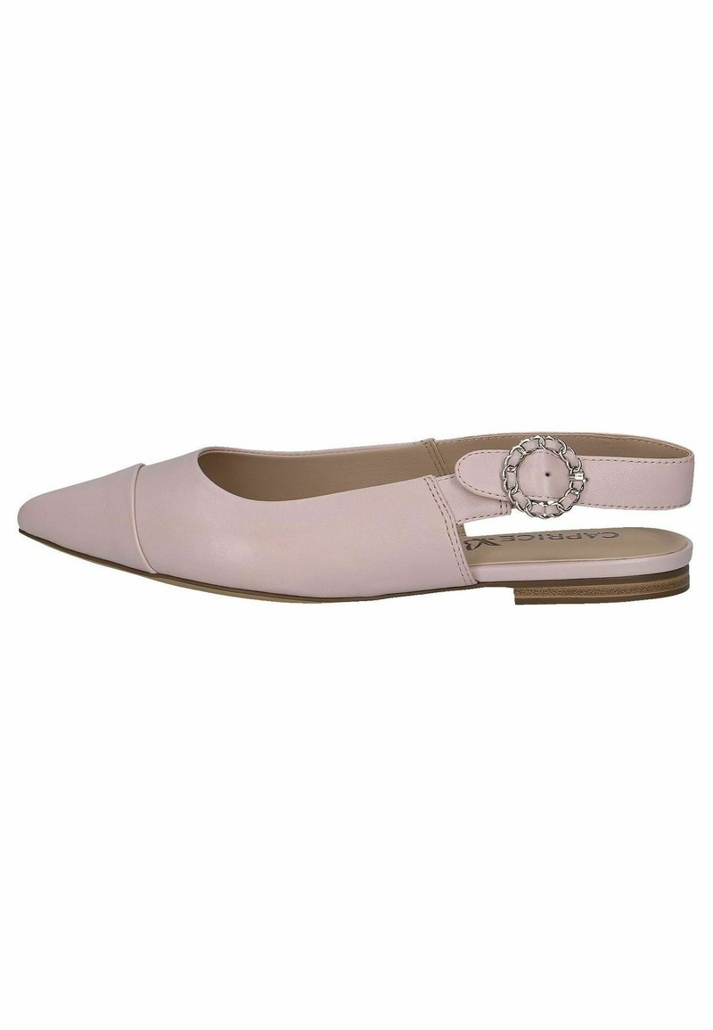 Rózsaszín bőr slingback lapos cipők hegyes orral, oldalán csat részlettel és sima felülettel, lapos talpon.