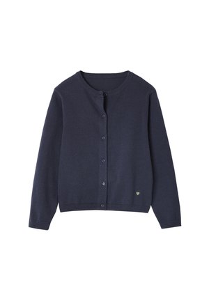 Marineblauer, knöpfbarer Cardigan mit langen Ärmeln, rundem Ausschnitt und kleinem Herzdetail nahe dem unteren Saum vor weißem Hintergrund.