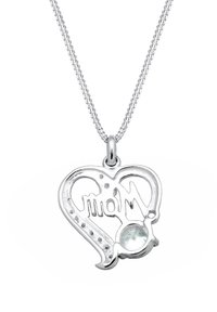 Silberne herzförmige Anhänger-Halskette mit dem Wort "Mom" und einem runden, klaren Edelsteinakzent an einer feinen Kette.