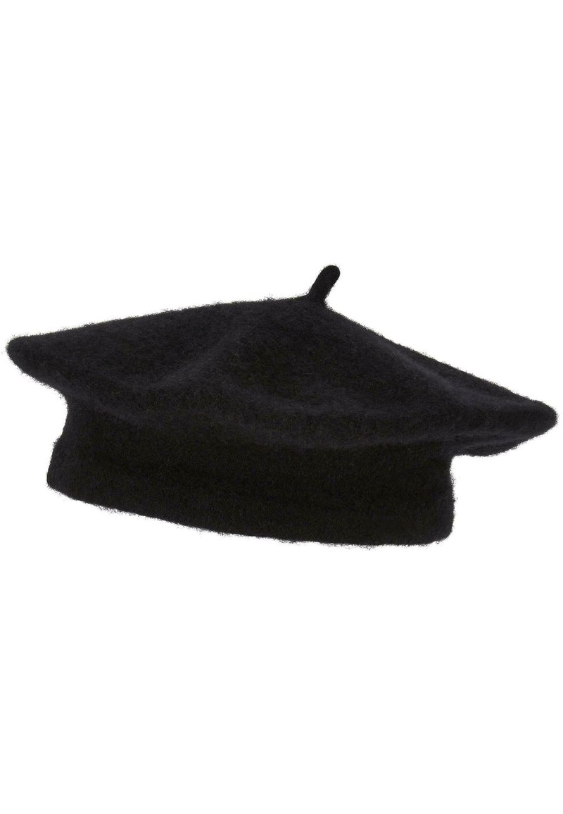 Black wool beret with a round, flat shape and a small top loop. Soft texture with a slightly fuzzy finish. Uniform color throughout.