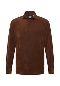 Bruine blouse met lange mouwen van zachte stof, voorzien van een knoopsluiting aan de voorkant, een ronde zoom en een klassieke kraag. Zwarte knopen accentueren het ontwerp.