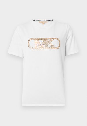 T-shirt bianca a maniche corte con logo "MK" dorato con borchie al centro del petto e motivo logo nero a contrasto all'interno della scollatura.