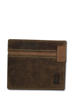 Portefeuille en cuir brun avec des emplacements pour cartes, présentant une surface texturée et des coutures beiges. Un logo est embossé sur un côté.