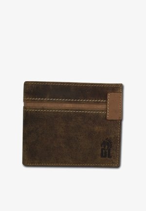 Bruine leren portemonnee met kaartsleuven, voorzien van een gestructureerd oppervlak en beige stiksel. Een logo is aan één kant geperst.