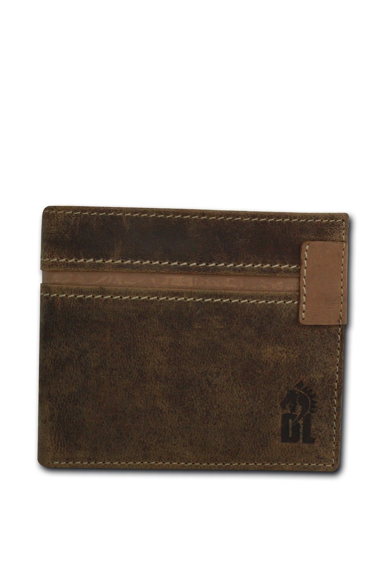 Bruine leren portemonnee met kaartsleuven, voorzien van een gestructureerd oppervlak en beige stiksel. Een logo is aan één kant geperst.