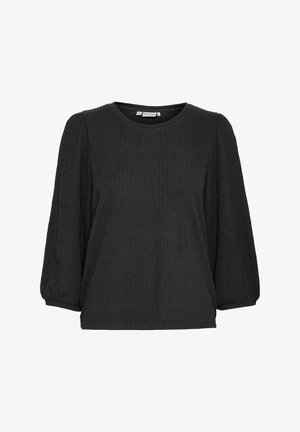 Top nero in tessuto strutturato, con scollatura rotonda e maniche puff a tre quarti. Presenta una vestibilità rilassata e una leggera rigatura verticale.