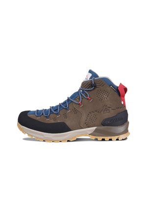 Brauner Wanderschuh mit blauen Schnürsenkeln, Gummizehenkappe und einer strukturierten Oberseite. Verfügt über eine hintere Zuglasche und eine rutschfeste Sohle für besseren Halt.