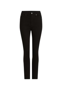 Jeans skinny de mezclilla negra con cintura alta, cinco bolsillos y cierre de botón metálico. La tela tiene una textura suave y una silueta ajustada.