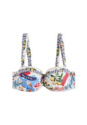 Bikini top med blå og hvide striber, gule frugtprint og italiensk-tema illustrationer inklusive tekst og landskabselementer.