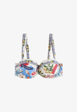 Bikini top med blå og hvide striber, gule frugtprint og italiensk-tema illustrationer inklusive tekst og landskabselementer.