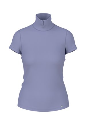 Lila kurzärmliger Rollkragenpullover aus einem glatten, dehnbaren Stoff. Hat ein figurbetontes Design und ein kleines Logo am Saum.