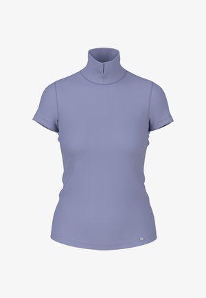 Lila kurzärmliger Rollkragenpullover aus einem glatten, dehnbaren Stoff. Hat ein figurbetontes Design und ein kleines Logo am Saum.