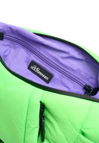 Groene puffer tas interieur met een paarse voering, voorzien van een ritsvak en een zwart label met de tekst "Clo Goldbrener." Gestructureerde stof.