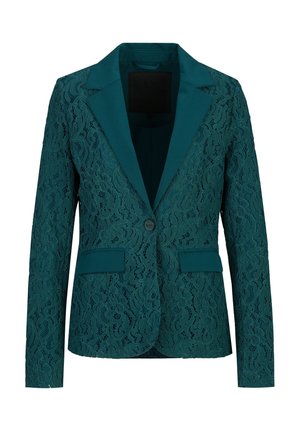 Teal farbener Damenblazer aus Spitze mit langen Ärmeln, Ein-Knopf-Verschluss, gekerbtem Revers und zwei vorderen Pattentaschen.