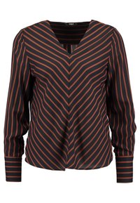 Blusa negra con rayas diagonales rojas, escote en V, mangas largas y un ajuste ligeramente suelto. Textura suave y tela ligera.