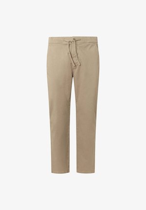 Kerged, helepruunid püksid, millel on elastne vöökoht ja stringid. Sirge lõige sileda tekstuuriga, ilma nähtavate mustrite või aktsentideta.