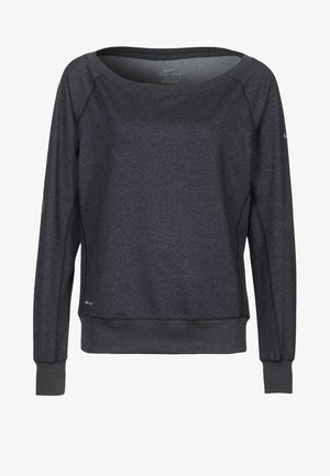 Mörkgrå långärmad träningströja med vid halsringning, ribbade ärmslut och nederkant, samt liten Nike-logotyp på ärmen och nederdelen fram.