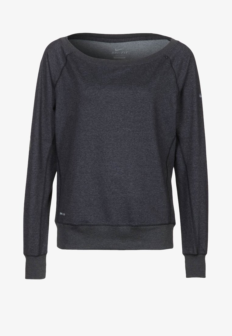 Felpa sportiva a maniche lunghe di colore grigio scuro, con scollo ampio, polsini e orlo a costine, e piccolo logo Nike sulla manica e sulla parte inferiore frontale.