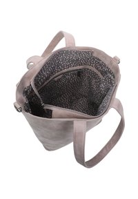 Borsa a spalla rosa chiaro con una morbida texture, dotata di un interno scuro a fantasia e numerosi scomparti per l'organizzazione.