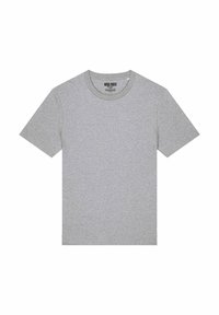 Pilkas trumpas rankovė T-shirt, pagamintas iš minkštos medvilnės, pasižymintis klasikiniais apvaliais kaklo iškirpimais ir paprasta, vienoda tekstūra. Be puošybos ar raštų.